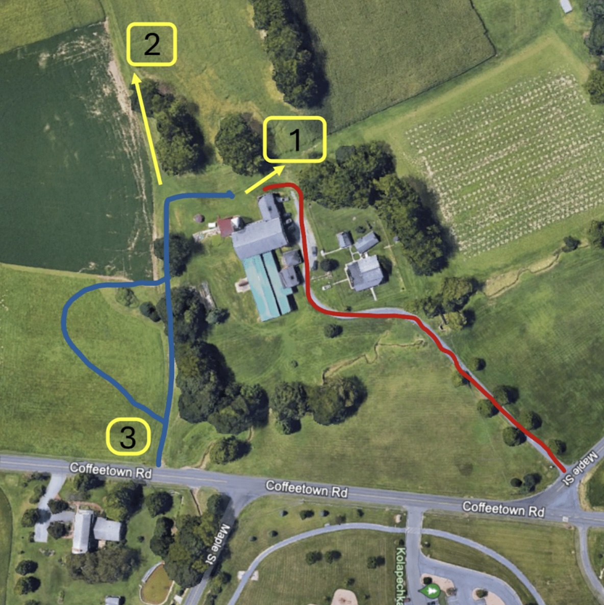 Aerial map of Dean Creek Farm showing entrance routes and staging areas