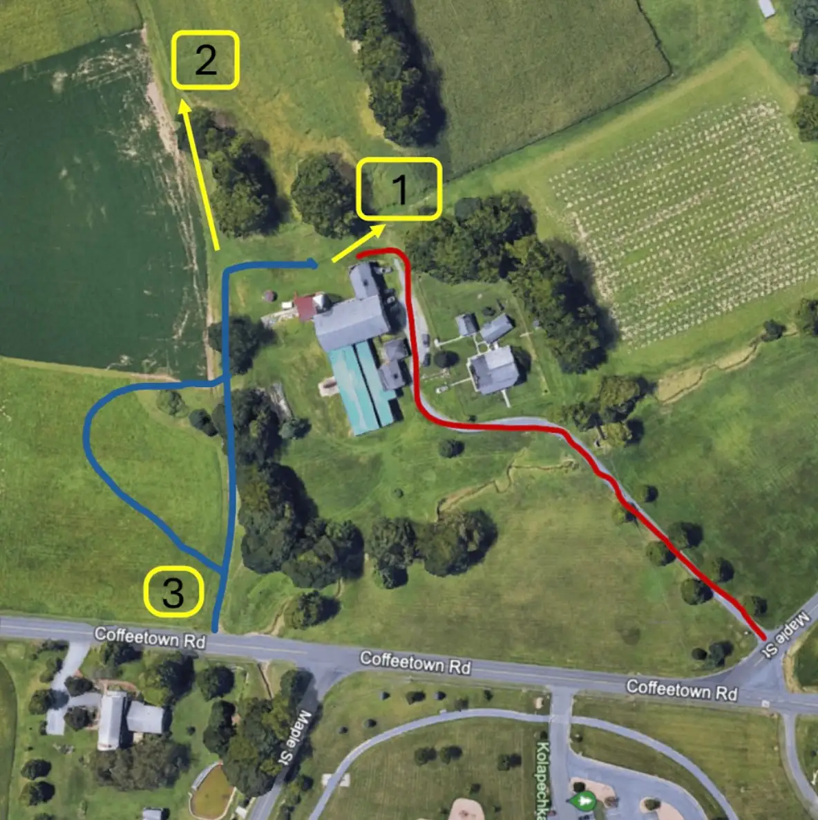 Aerial map of Dean Creek Farm showing entrance routes and staging areas